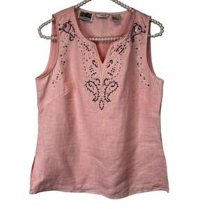 Edward 100% Irish Linen Pink Sleeveless Vneck Top with Beaded‎ Design SZ S